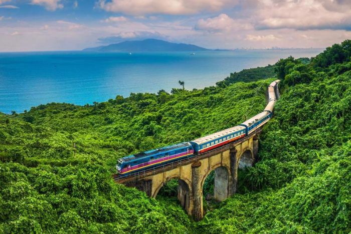 Train passing through Hai Van Pass in Vietnam