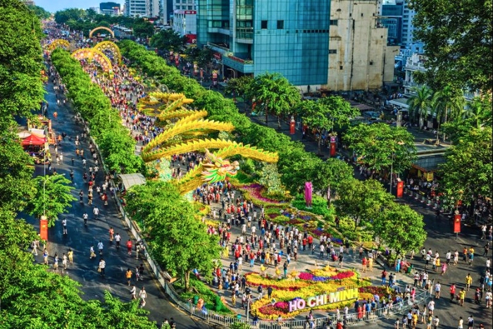Lively street scenes in Ho Chi Minh City, a symbol of dynamic destinations in Vietnam during Tet