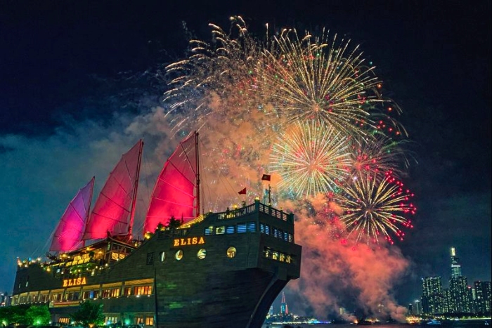 Tet fireworks seen from a cruise on the Saigon River