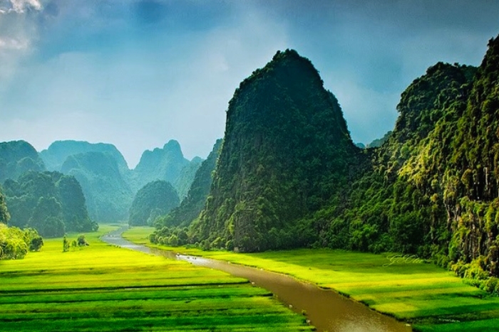 Panoramic view of Tam Coc, between rice fields and karst cliffs