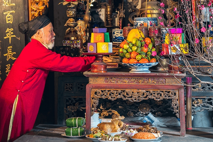 A decorated family altar during Vietnamese Tet Holiday 