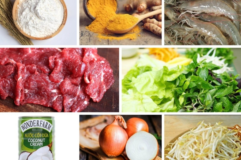 Essential ingredients for Southern-style bánh xèo